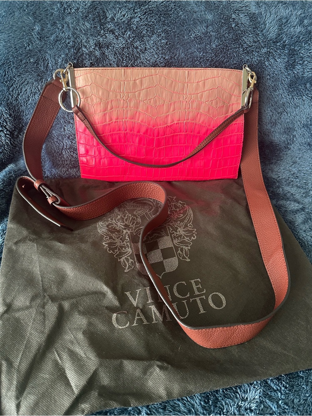 Vince Camuto Dev Ombre Croc Leather Crossbody Bag Neon Fuchsia